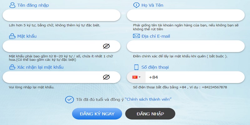 Các trường thông tin mà nhà cái cần bạn cung cấp